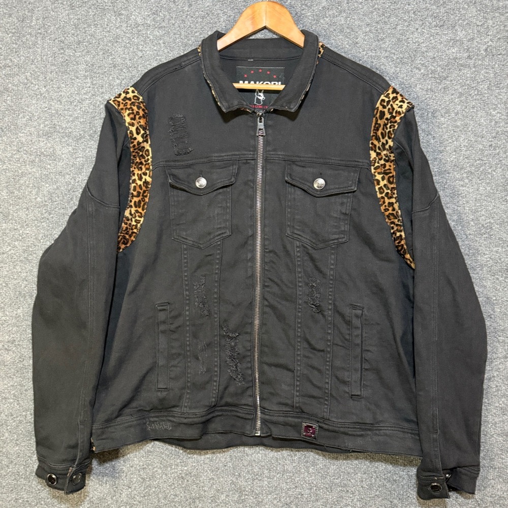 MAKOBI Jacket Womens Size 3XL Denim  Leopard Print Distressed Black